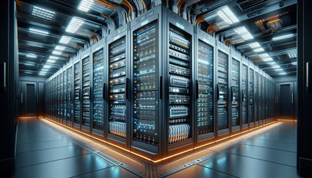 Server room data center. Backup, mining, hosting, mainframe and computer rack with storage...