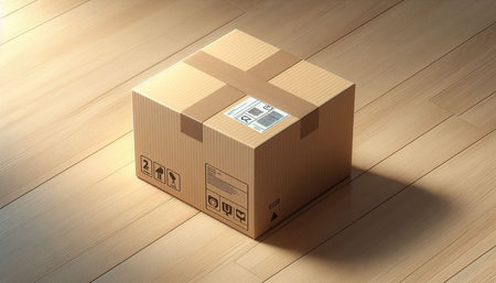 3D rendering of a cardboard box on a wooden floor with copy space