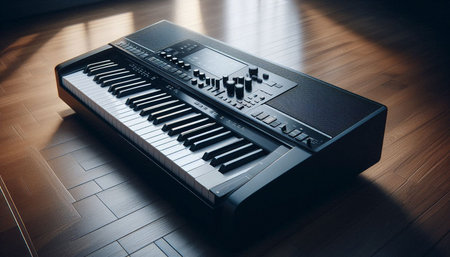 Digital piano keyboard on a wooden floor in the room. 3d rendering