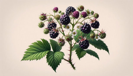bunch of blackberries with green leaves and flowers on a light background