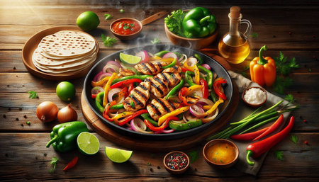Grilled chicken fillet with vegetables and tortillas on wooden tableの写真素材