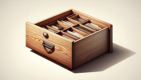 Wooden drawer with files on a white background. 3d illustrationの写真素材