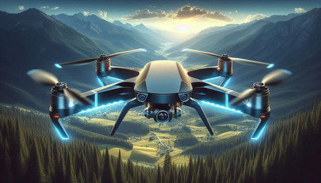 Drone quadcopter flying in the mountains. 3d illustrationの写真素材