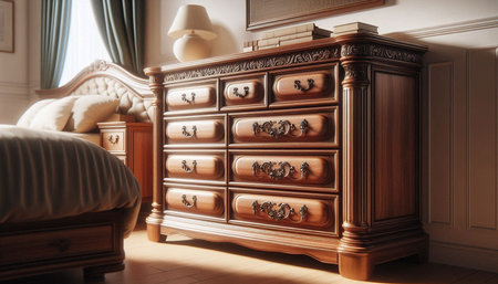 Wooden chest of drawers in the interior of the room.