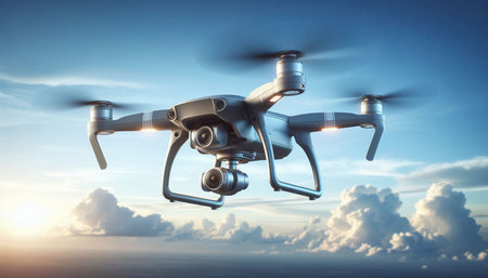 Drone with digital camera flying in the sky. 3d rendering