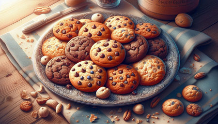 Homemade cookies with chocolate chips and nuts on a wooden background.の写真素材