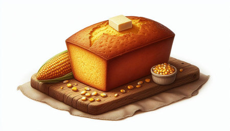 Corn bread with butter isolated on white background. 3d illustration.