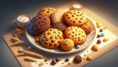 Chocolate chip cookies on a plate with chocolate candies and wheat ears