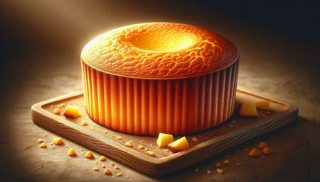 Cream cake on wooden board with golden light, close-up
