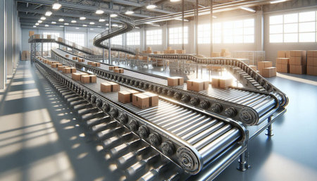 Conveyor belt in a factory. 3d render illustration.