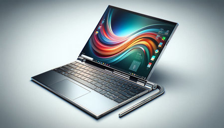 Laptop computer with colorful screen on gray background. 3d rendering