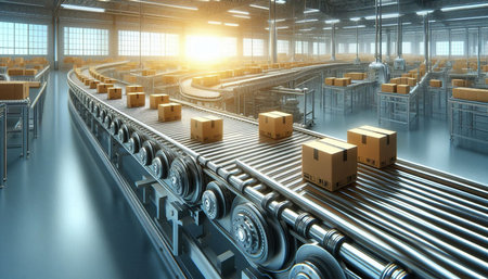 Conveyor belt with cardboard boxes on the production line. 3D rendering