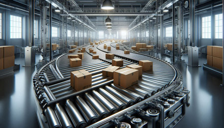 Conveyor belt with cardboard boxes in warehouse. 3d rendering