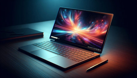 Laptop and pen on dark background. 3d rendering toned image
