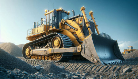 Bulldozer in the sand at the construction site. 3d render