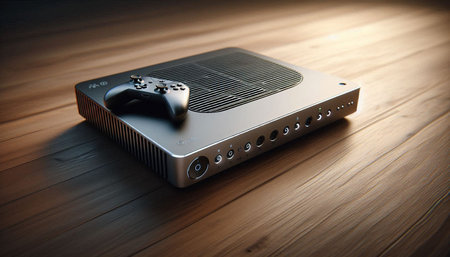 Video game console on the wooden background. 3d render illustration.