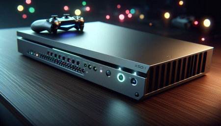 Closeup of a gaming hard drive on a table with bokeh background