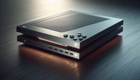 Videogame game console on wooden table. 3d rendering