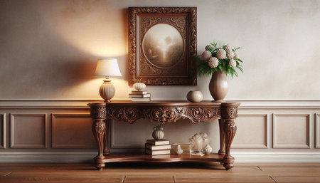 Interior of the living room with a wooden table, books, a lamp and a vase with flowers. 3d renderの写真素材