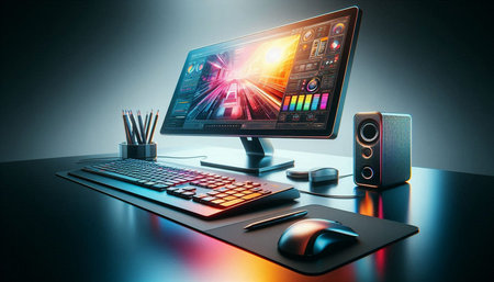 Modern desktop computer with colorful screen and graphics elements. 3D rendering