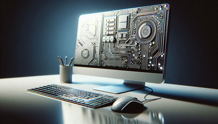 Electronic circuit board on computer screen. Technology concept. 3D Renderingの写真素材