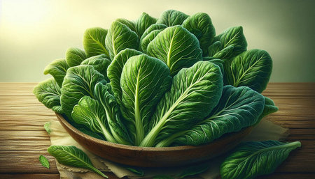 Fresh green chinese lettuce in a wooden bowl on a wooden table