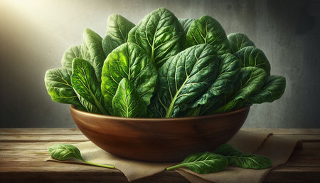 Bowl of fresh spinach on wooden table over grey wall background.