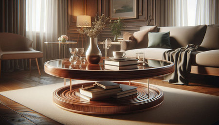 Luxury living room interior with coffee table and books. 3d render