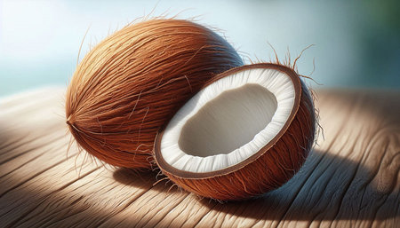 Coconut on the table, close-up, selective focus