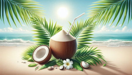 Coconut and palm leaves on the beach. 3d rendering