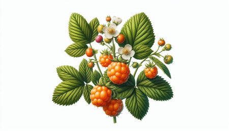 Bunch of ripe raspberries with green leaves and berries on white background