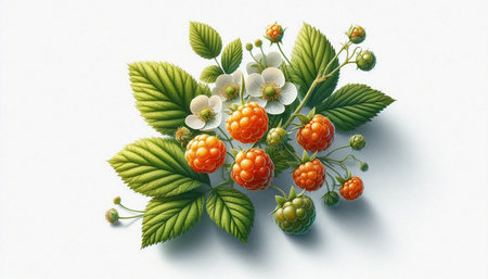 Branch of raspberry with green leaves and flowers on a white background