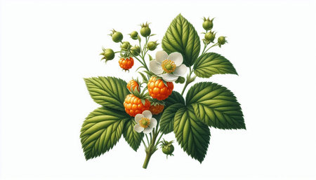 Branch of raspberry with flowers and leaves isolated on white background.