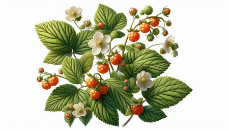 Raspberry branch with flowers and leaves isolated on a white background.