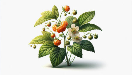 Branch of raspberry with berries and leaves on a white background.