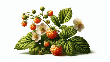 Raspberry bush with flowers and leaves isolated on white background. Vector illustration.