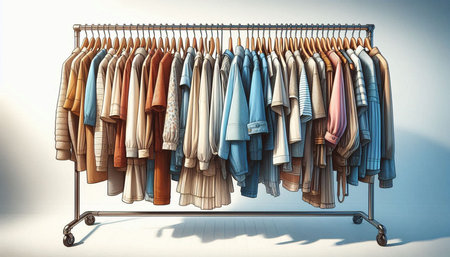 Clothes on hangers in the wardrobe. 3d illustration.の写真素材