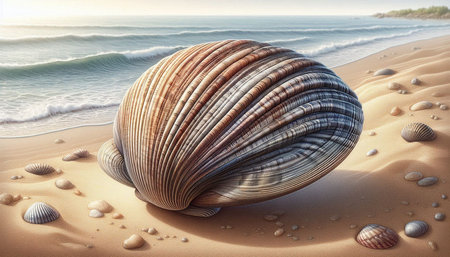 3d rendering of a seashell on the beach in the evening