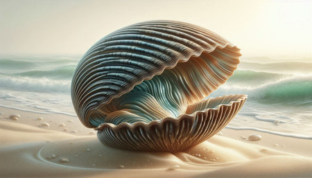 3d rendering of a seashell on the beach in the evening