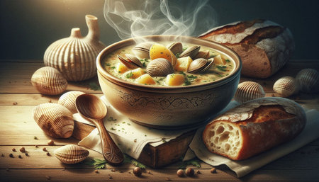 Delicious soup with clams and potatoes in bowl on wooden table