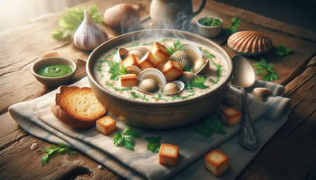 Creamy soup with clams, garlic and parsley on wooden background