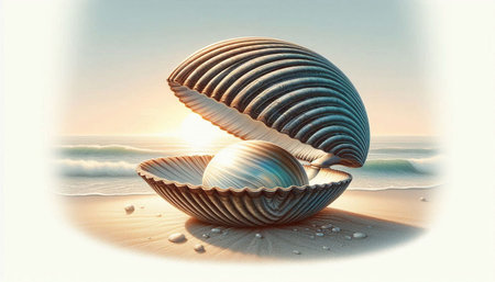 Sea shell on the beach at sunset. 3d render illustration.