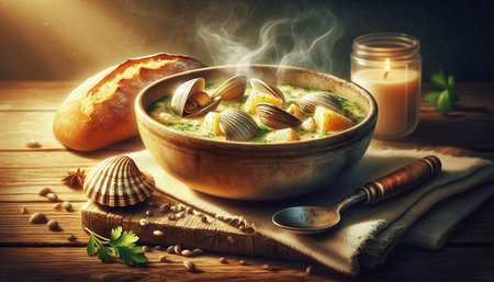 Clams soup in a bowl on a wooden background. Selective focus.
