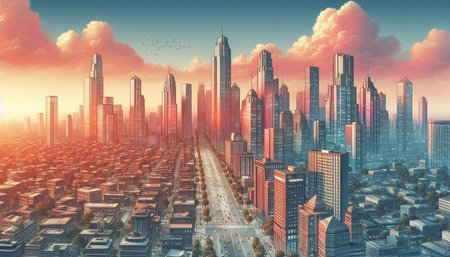 Futuristic cityscape with skyscrapers and high-rise buildingsの写真素材