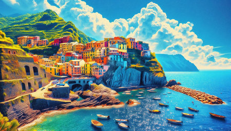 Riomaggiore village on the coast of Cinque Terre, Italyの写真素材