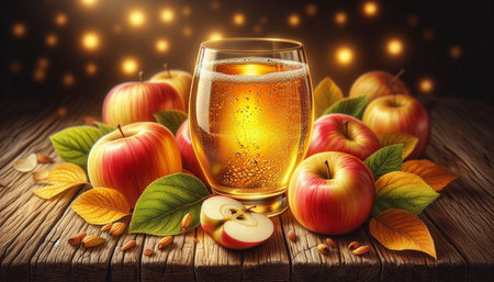 Glass of apple cider with apples and autumn leaves on wooden background.