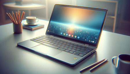 Laptop with blank screen on table in office. 3D rendering