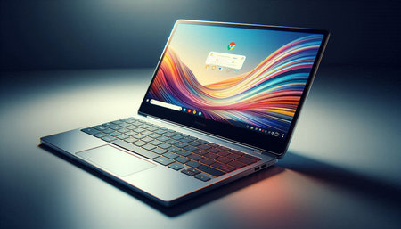Laptop with colorful abstract design on the screen. 3d rendering