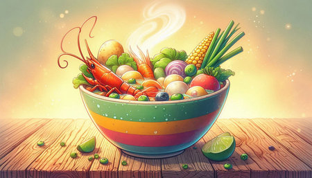Vegetable salad in a bowl on wooden table. Vector illustration.の写真素材