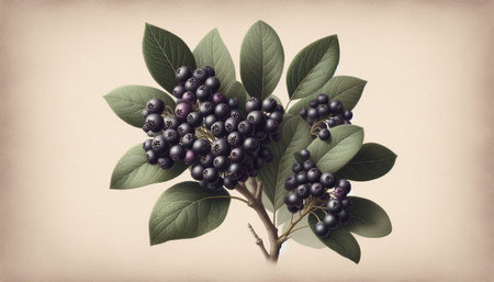 Bunch of ripe black chokeberry with green leaves on old paper background
